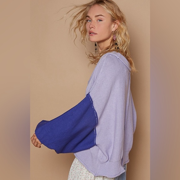 POL Exposed Seam Contrast V-Neck Lantern Sleeve Sweater 10010098578 - Picture 3 of 3